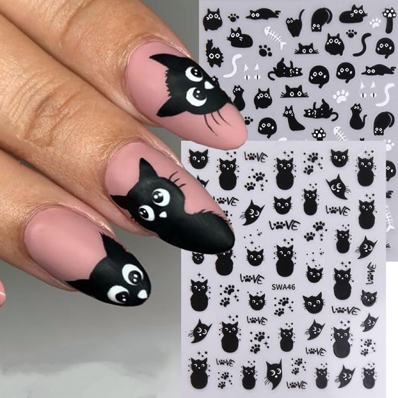 GRITOSE 6 Sheets Black Cat Nail Art Stickers Cute Animal Nail Stickers for Nail Art 3D Self-Adhesive Nail Decals Cute Funny Black Cat Sticker Design Holiday Nail Supplies for Women - Image 3